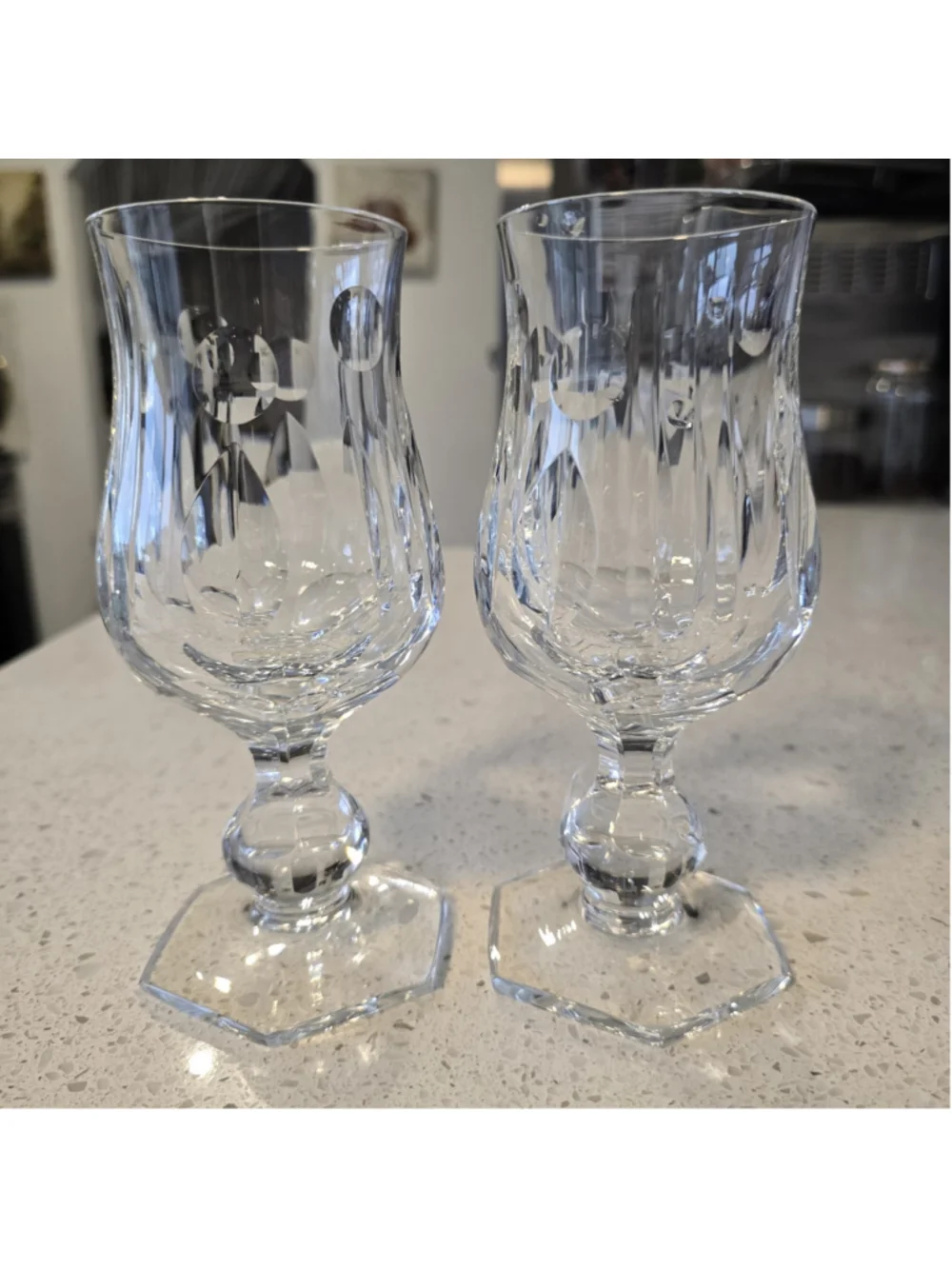 Vintage Mozart Heavy Cut Crystal Cordial Hexagonal Base Faceted Goblets 2 pc Set